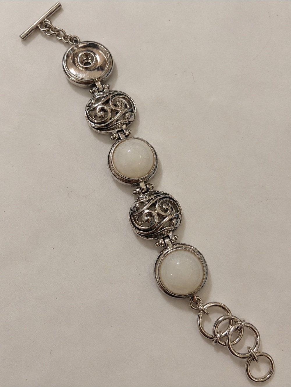 Silver Tone White Cabochon Statement Bracelet Scroll Design